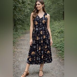 Bila Black and Tan Elephant Print Midi Dress